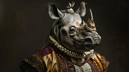 Rhinoceros dressed up in historical costume