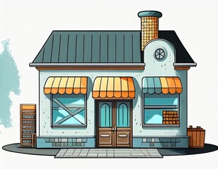 illustration of a small cute hardware store building on a white background - obrazy, fototapety, plakaty