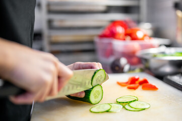 Person slicing fresh cucumbers in a well-equipped kitchen, with ripe tomatoes and red peppers nearby, highlighting vibrant, healthy meal preparation