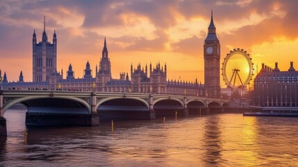 b'The Palace of Westminster and the London Eye at sunset' - obrazy, fototapety, plakaty