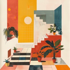 b'A Colorful Geometric Illustration of a Room with Plants'