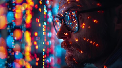 Close-up of a man wearing glasses with reflections of digital data and lights on his face. Concept for technology, data analysis, and artificial intelligence. Design for poster, wallpaper, and banner.