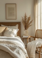 b'A beautiful bedroom with a wicker bed, a vase of flowers, and a chair'