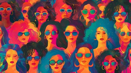 b'Diverse group of women with different skin tones wearing sunglasses'