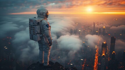 An astronaut stands on a cliff overlooking a city. The sky is orange and the clouds are below the astronaut.