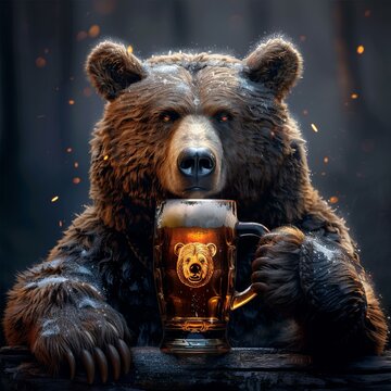 b'A digital painting of a bear sitting on a log and holding a beer mug.'