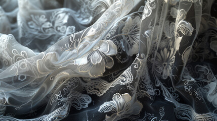 Intricate lace pattern draped gracefully over a transparent background, evoking a sense of romance.