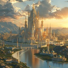 Fototapeta premium A beautiful, golden castle with intricate details and a river running through the middle of it.