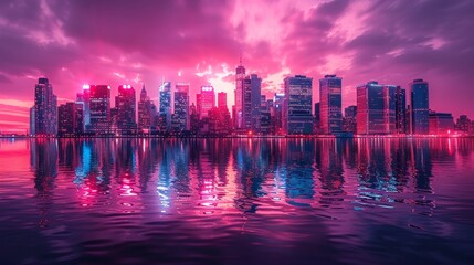A beautiful cityscape of a modern city with skyscrapers and a river in the foreground. The sky is a vibrant pink and purple color, and the city is reflected in the water.