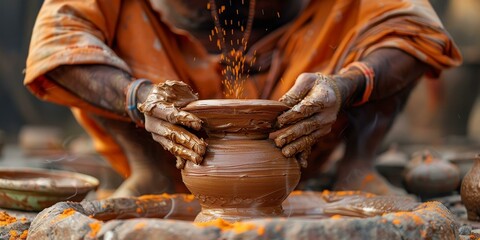 b'Indian potter making clay pots with traditional spinning wheel'