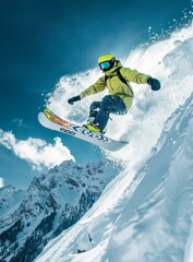 b'Man snowboarding down a steep mountain slope'