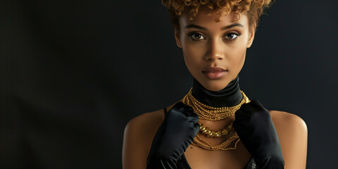 A poised woman with curly hair showcasing golden necklaces and a black glove, against a dark background - obrazy, fototapety, plakaty
