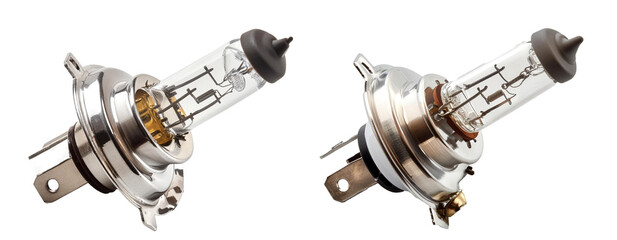 Two halogen car bulbs isolated on a white background, showcasing intricate filament designs and metallic bases