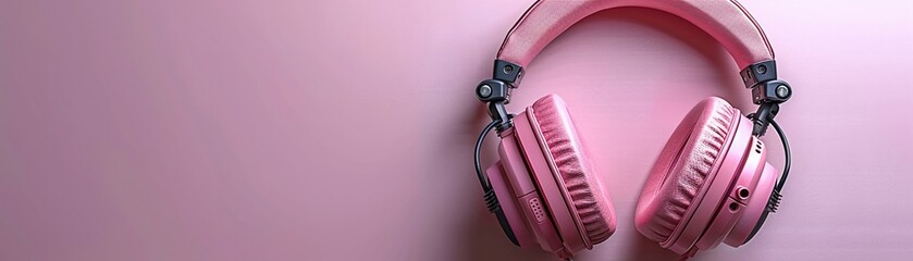 Isolated pink headphones with a white cord rest on a simple white background - Powered by Adobe
