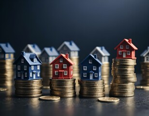Miniature houses atop stacked coins against a dark background. Symbolizing real estate investment, it conveys concepts of wealth, finance, and property value - obrazy, fototapety, plakaty