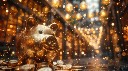 A golden piggy bank sits in front of a blurry background of golden lights.