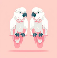 Twin Parrots on Perch. Illustration of two white parrots sitting side by side on a perch against a pink background.
