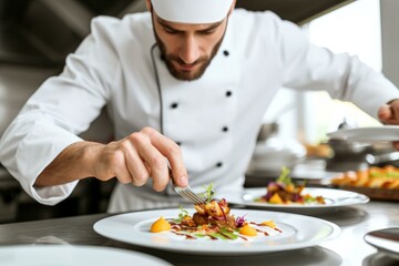 b'Chef carefully plating a dish in a restaurant kitchen'