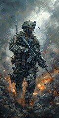 b'Soldier in the battlefield illustration' - obrazy, fototapety, plakaty