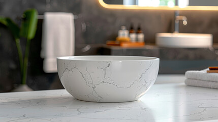 Fototapeta na wymiar A white marble sink with a marble pattern on it