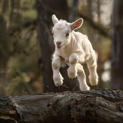 Baby goat jumping over a log in a playful manner