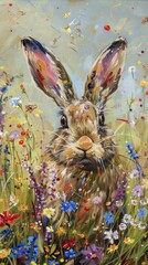 Bunny with floppy ears sitting in a meadow of wildflowers - obrazy, fototapety, plakaty