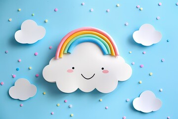 Cartoonish cloud with a smiling face and rainbow