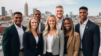 b'A group of young professionals posing for a photo in front of a city skyline.'