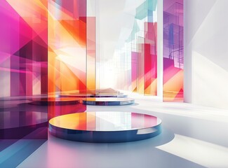 Fototapeta premium b'Modern geometric podiums in the bright interior of the exhibition hall'