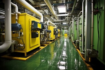 b'The factory workshop is full of yellow and green equipment and pipelines'