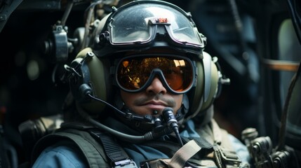 b'Portrait of a male pilot wearing a helmet and goggles'