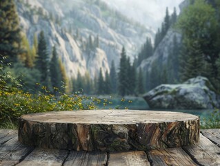 Outdoorthemed podium mockup for a camping gear commercial using rustic logs and a backdrop of forest scenery