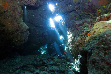 Obraz premium Underwater corridors and caverns near Abu Dabab, Marsa Alam area, underwater photograph, Red Sea, Egypt