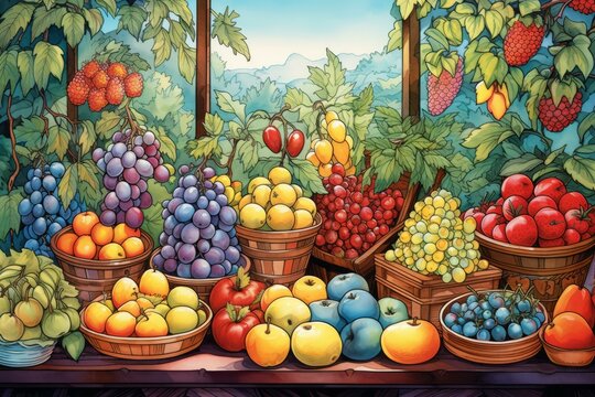 b'An illustration of a variety of fruits in baskets on a wooden table'