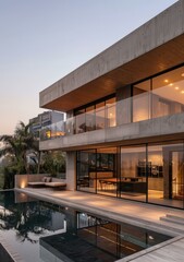 b'Modern concrete house with pool'