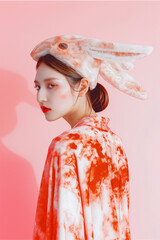 Colorful and Playful Asian Woman Wearing Rabbit Headdress and Red Dress on Pink Background Entertainment Concept Portrait