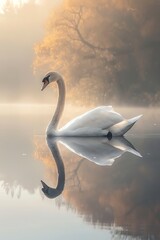 A serene image of a white swan gliding gracefully on a calm lake, with its reflection perfectly mirrored in the water, capturing the elegance and purity of the scene