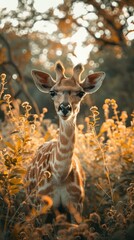 b'A baby giraffe standing in a field of yellow flowers' - obrazy, fototapety, plakaty