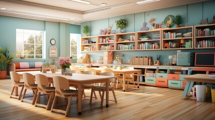 b'A classroom with wooden tables and chairs, a bookshelf, a clock, and a pink sofa'