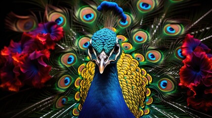 A photo detailed and captivating portrait of a regal peacock displaying its magnificent plumage, AI Generative