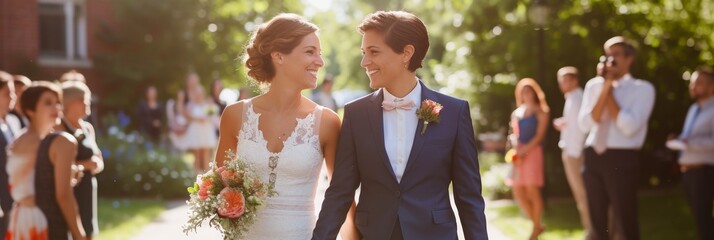 Happy lgbt young couple walking together at a wedding ceremony