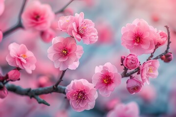 Pink cherry blossom flowers in full bloom on a branch with blurred background