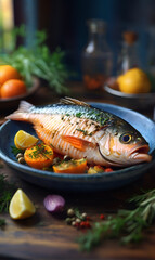 Fish in a plate, with spices and herbs, in sauce