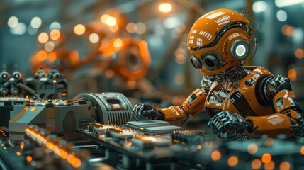 Electrical engineer bot meticulously assembles parts in an electronics factory.