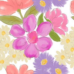 Fototapeta premium Seamless flower garden kawaii ditsy print with cute spring botany in liberty arrangement. Pretty botanical design hand drawn flowers watercolor style