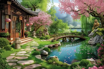 b'A beautiful Chinese garden with a pond, bridge, and cherry blossom trees'