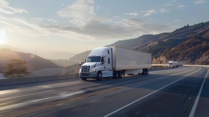 modern large white trailer driving down an empty road. Logistics company. Freight transportation. Fast delivery. Mock up