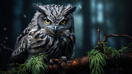 portrait of a wise and powerful owl perched on a moss-covered tree branch at twilight, AI Generative