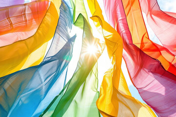 Vibrant rainbow flags waving in the sunny sky, colorful pride symbol on bright day