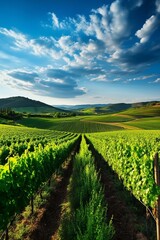 b'Vineyard Landscape with Rows of Grape Vines and rolling hills in the background under a blue sky with white clouds'